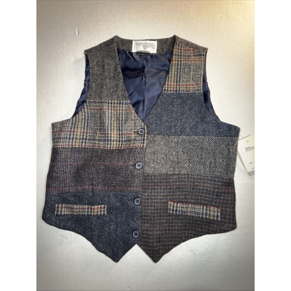 Vintage International Scene Patchwork Vest Academia Wool Tweed Size 14 NWT